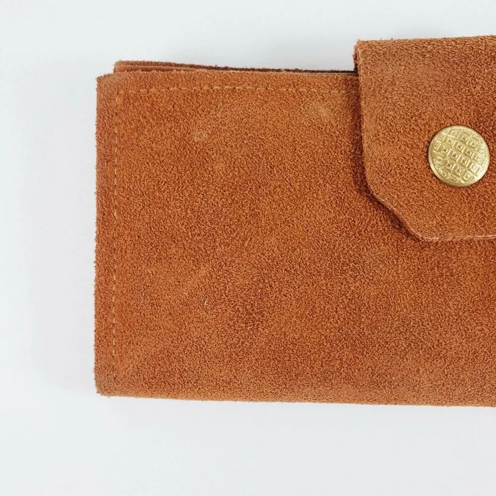 Vtg Camel Tan Suede Wallet Pocket Book Gold Tone Accents Pocket Book Retro 70s
